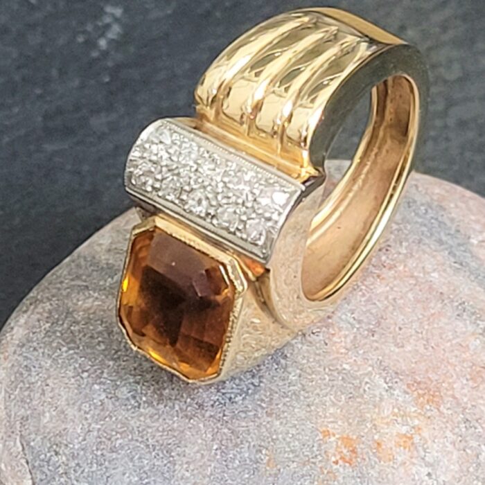Citrine & Diamond Old Cut Chunky Ring 14ct Yellow Gold from Ace Jewellery, Leeds
