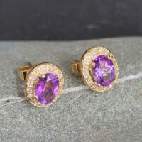Amethyst & Diamond Cluster Stud Earrings 18ct Yellow Gold from Ace Jewellery, Leeds