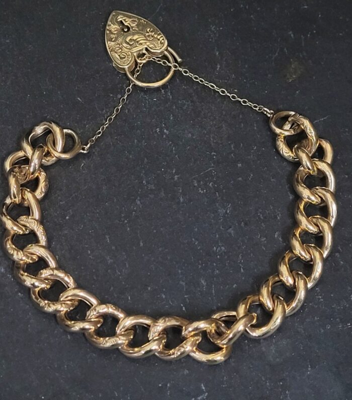 Edwardian Heart Padlock Curb Bracelet 9ct Yellow Gold from Ace Jewellery, Leeds
