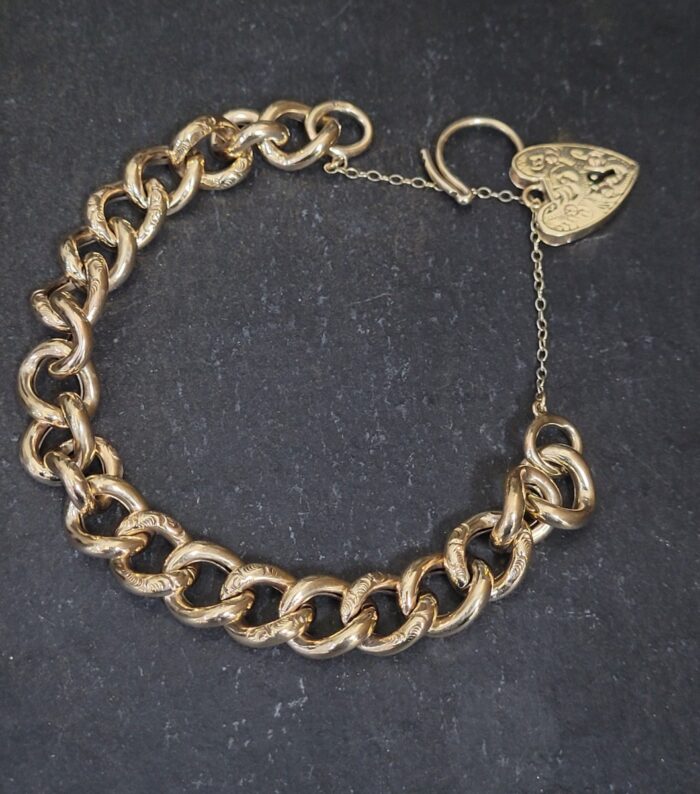 Edwardian Heart Padlock Curb Bracelet 9ct Yellow Gold from Ace Jewellery, Leeds