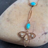 Antique Turquoise & Pearl Pendant 9ct Rose Gold from Ace Jewellery, Leeds