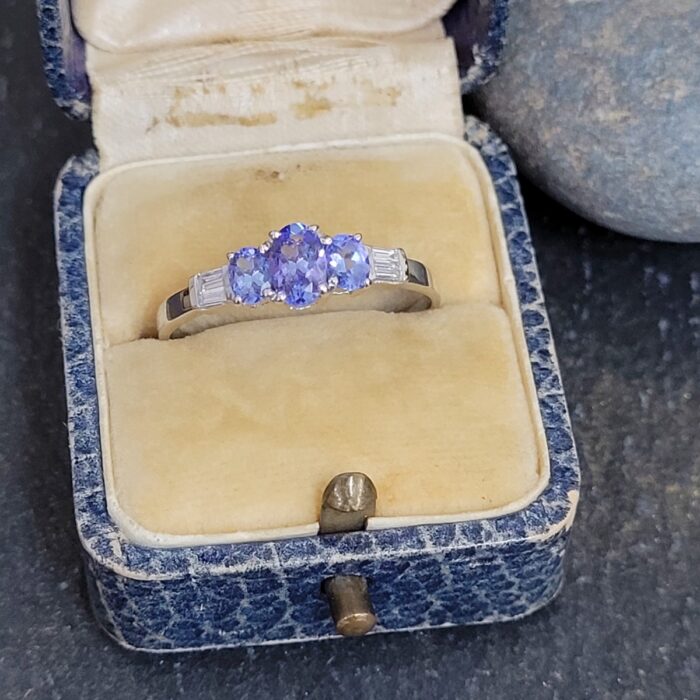 2.10ct Oval Blue Sapphire & Two Row Diamond Engagement Band 