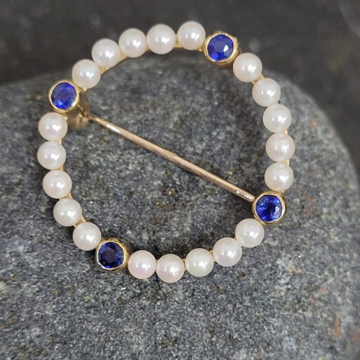 9ct Yellow Gold Pearl & Sapphire Brooch from Ace Jewellery, Leeds