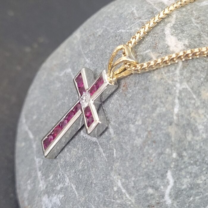 1.065ct Ruby & Diamond Cross Pendant Necklace 18ct White Gold