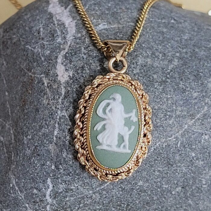 9ct Yellow Gold Sage Green Wedgwood Cameo Pendant Necklace from Ace Jewellery, Leeds