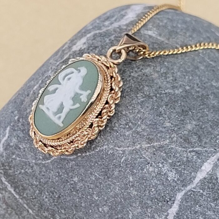 9ct Yellow Gold Sage Green Wedgwood Cameo Pendant Necklace from Ace Jewellery, Leeds