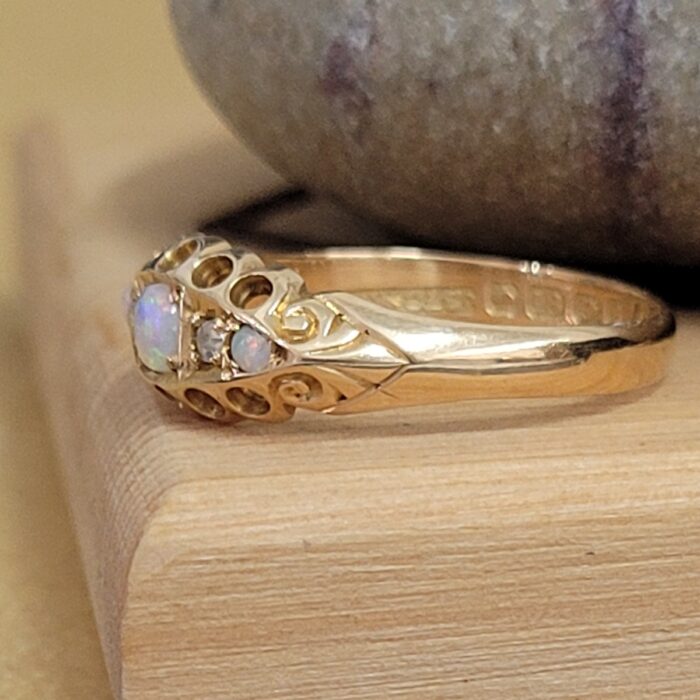 0.31ct Antique Edwardian 18ct Yellow Gold Opal & Old Cut Diamond Five Stone Ring from Ace Jewellery, Leeds