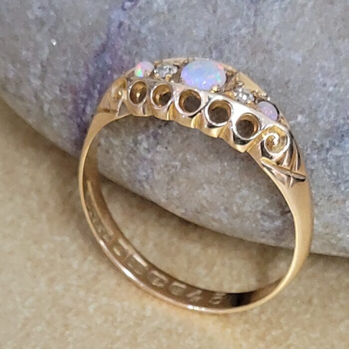 0.31ct Antique Edwardian 18ct Yellow Gold Opal & Old Cut Diamond Five Stone Ring from Ace Jewellery, Leeds
