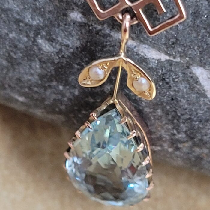 4.05ct Antique Aquamarine & Seed Pearl Pendant Necklace 15ct Yellow Gold from Ace Jewellery, Leeds