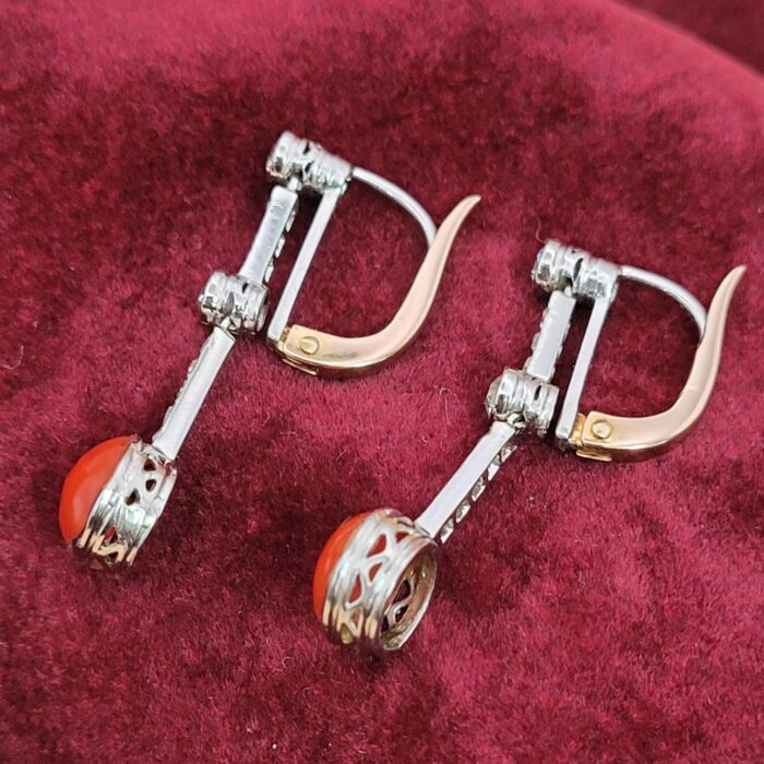 1.7ct Coral & Rose Cuts, Old Cuts Diamond Drop Earrings Platinum & 18ct Rose Gold from Ace Jewellery, Leeds