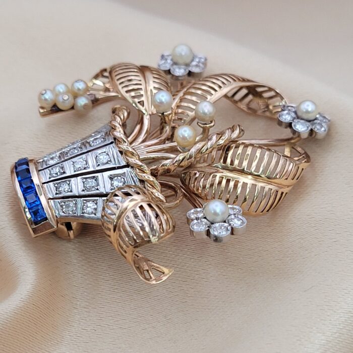 0.50ct Eight Cut Diamond, Pearl & Sapphire Basket Brooch 14ct Yellow Gold from Ace Jewellery, Leeds