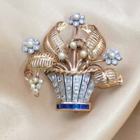 0.50ct Eight Cut Diamond, Pearl & Sapphire Basket Brooch 14ct Yellow Gold from Ace Jewellery, Leeds