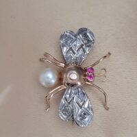 0.14ct Reproduction Rose Cut Diamond Pearl Ruby Bug Brooch 15ct Yellow Gold from Ace Jewellery, Leeds