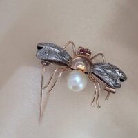 0.14ct Reproduction Rose Cut Diamond Pearl Ruby Bug Brooch 15ct Yellow Gold from Ace Jewellery, Leeds