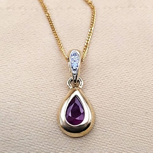 0.54ct Pear-Shaped Ruby & Diamond Teardrop Pendant Necklace 9ct Yellow Gold from Ace Jewellery, Leeds