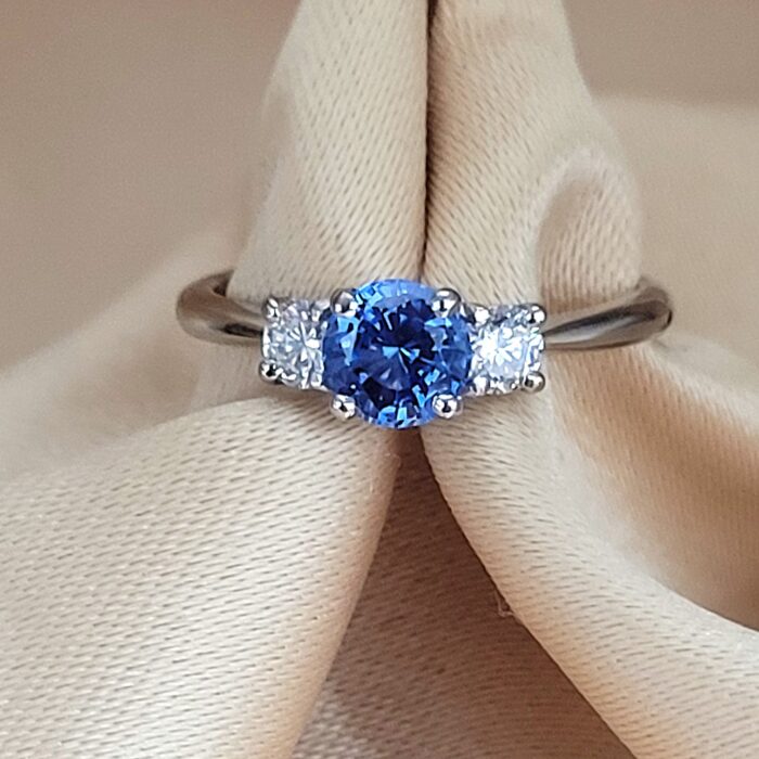 1.1ct Sapphire & Diamond Three-Stone Ring Platinum from Ace Jewellery, Leeds