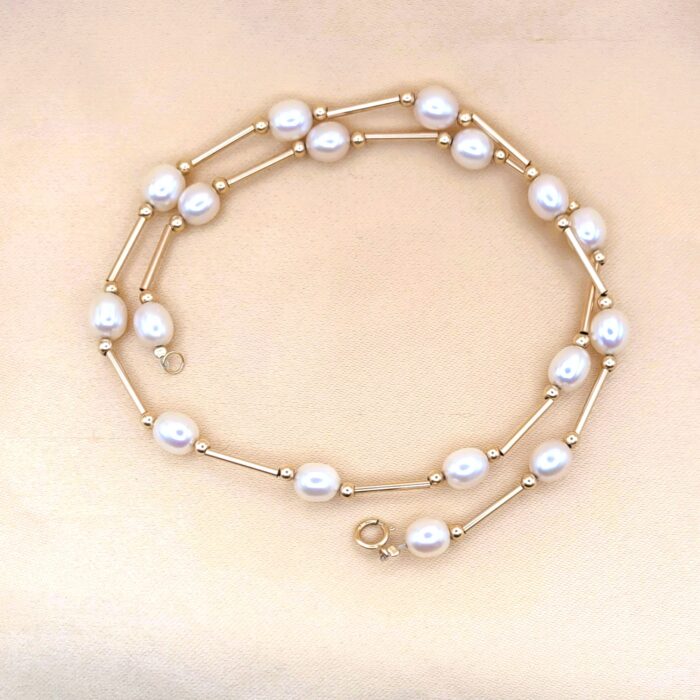 9ct Yellow Gold Cultured Pearl & Bar Necklace from Ace Jewellery, Leeds