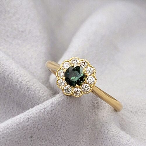 0.75ct Green Sapphire & Diamond Cluster Ring 18ct Yellow Gold from Ace Jewellery, Leeds