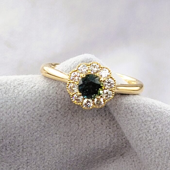 0.75ct Green Sapphire & Diamond Cluster Ring 18ct Yellow Gold from Ace Jewellery, Leeds