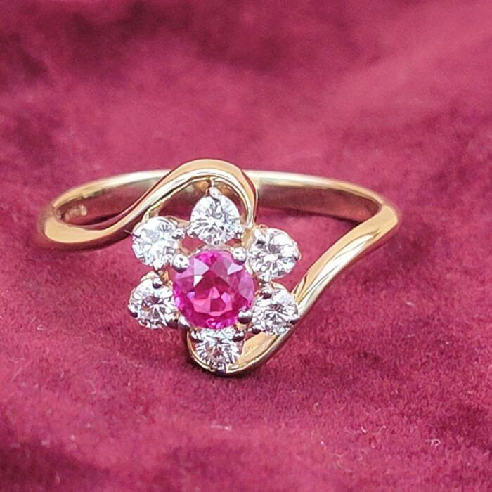 0.65ct Ruby & Diamond Cluster Crossover Ring 18ct Yellow Gold from Ace Jewellery, Leeds