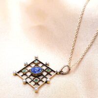 1.16ct Sapphire, Demantoid Garnet & Pearl Pendant Necklace 15ct Yellow Gold from Ace Jewellery, Leeds