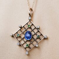 1.16ct Sapphire, Demantoid Garnet & Pearl Pendant Necklace 15ct Yellow Gold from Ace Jewellery, Leeds