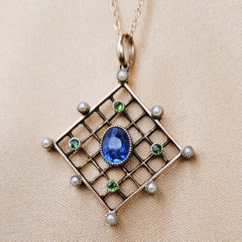 1.16ct Sapphire, Demantoid Garnet & Pearl Pendant Necklace 15ct Yellow Gold from Ace Jewellery, Leeds