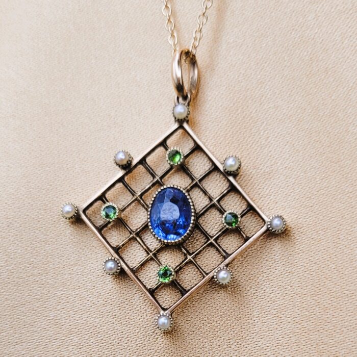 1.16ct Sapphire, Demantoid Garnet & Pearl Pendant Necklace 15ct Yellow Gold from Ace Jewellery, Leeds