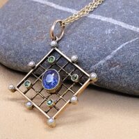 1.16ct Sapphire, Demantoid Garnet & Pearl Pendant Necklace 15ct Yellow Gold from Ace Jewellery, Leeds
