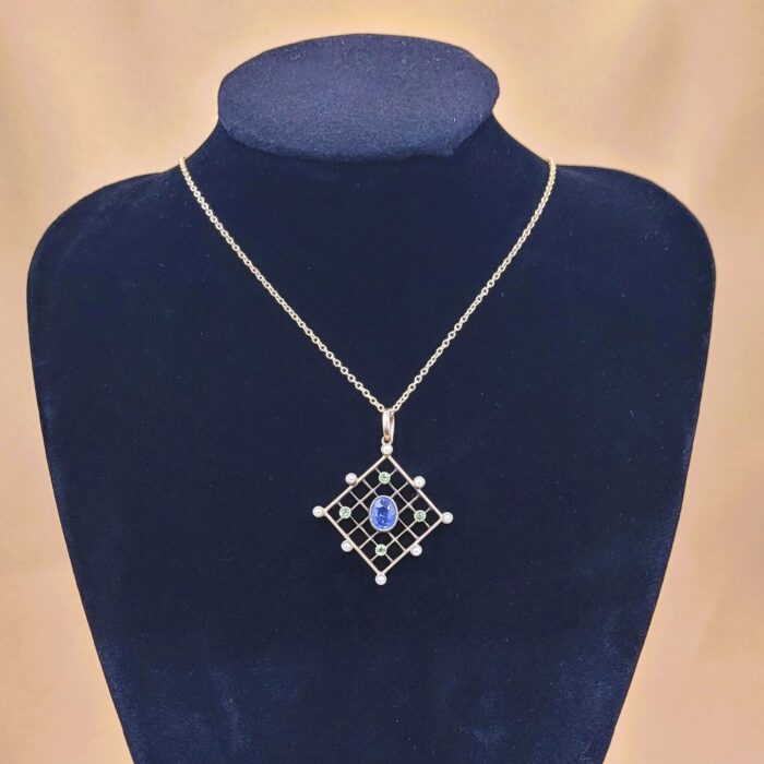 1.16ct Sapphire, Demantoid Garnet & Pearl Pendant Necklace 15ct Yellow Gold from Ace Jewellery, Leeds