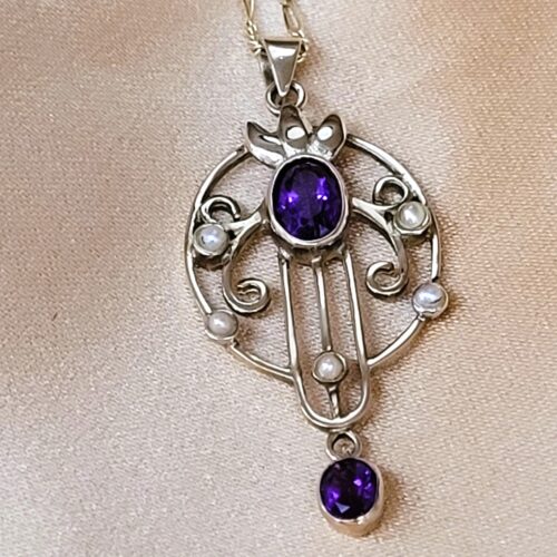 1.0ct Amethyst & Pearl Lavalier Drop Pendant Necklace 9ct Yellow Gold from Ace Jewellery, Leeds