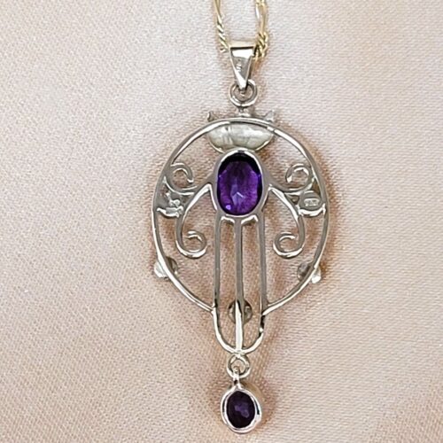 1.0ct Amethyst & Pearl Lavalier Drop Pendant Necklace 9ct Yellow Gold from Ace Jewellery, Leeds