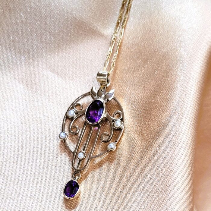 1.0ct Amethyst & Pearl Lavalier Drop Pendant Necklace 9ct Yellow Gold from Ace Jewellery, Leeds