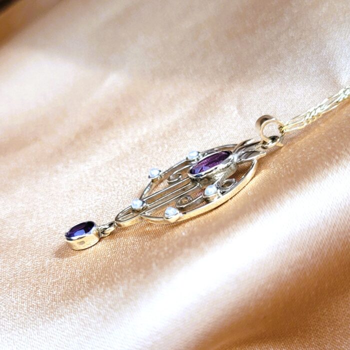 1.0ct Amethyst & Pearl Lavalier Drop Pendant Necklace 9ct Yellow Gold from Ace Jewellery, Leeds