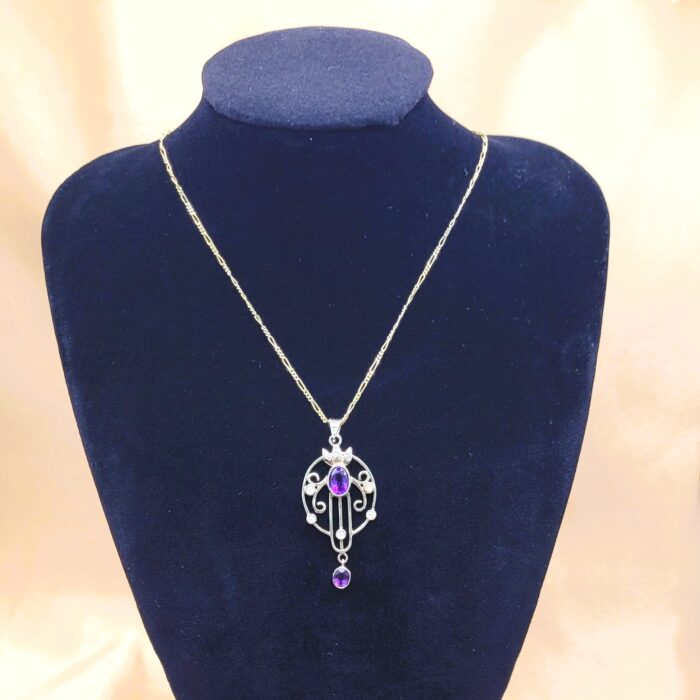 1.0ct Amethyst & Pearl Lavalier Drop Pendant Necklace 9ct Yellow Gold from Ace Jewellery, Leeds